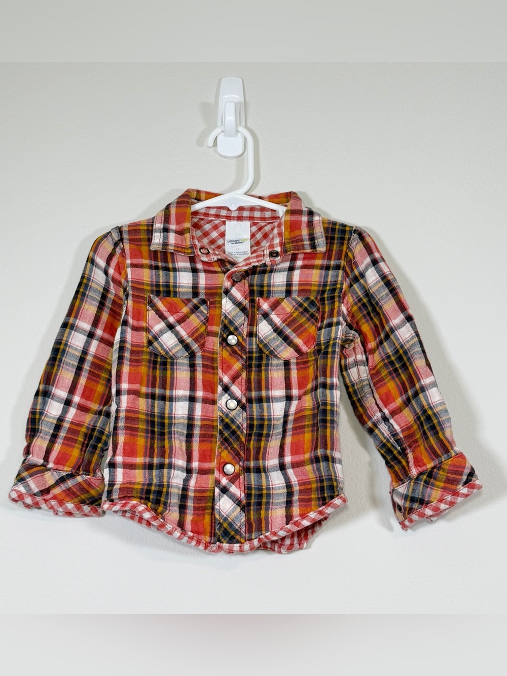OshKosh B'gosh Shirt Red Yellow Plaid Button-Down Flannel Elbow Patch Boy 2T